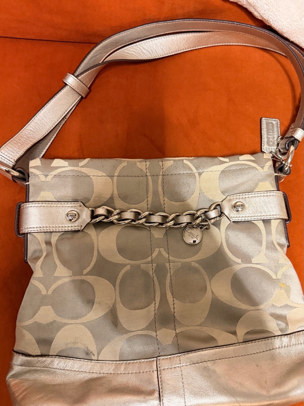 Coach Metallic Taupe Signature Chain Shoulder Bag